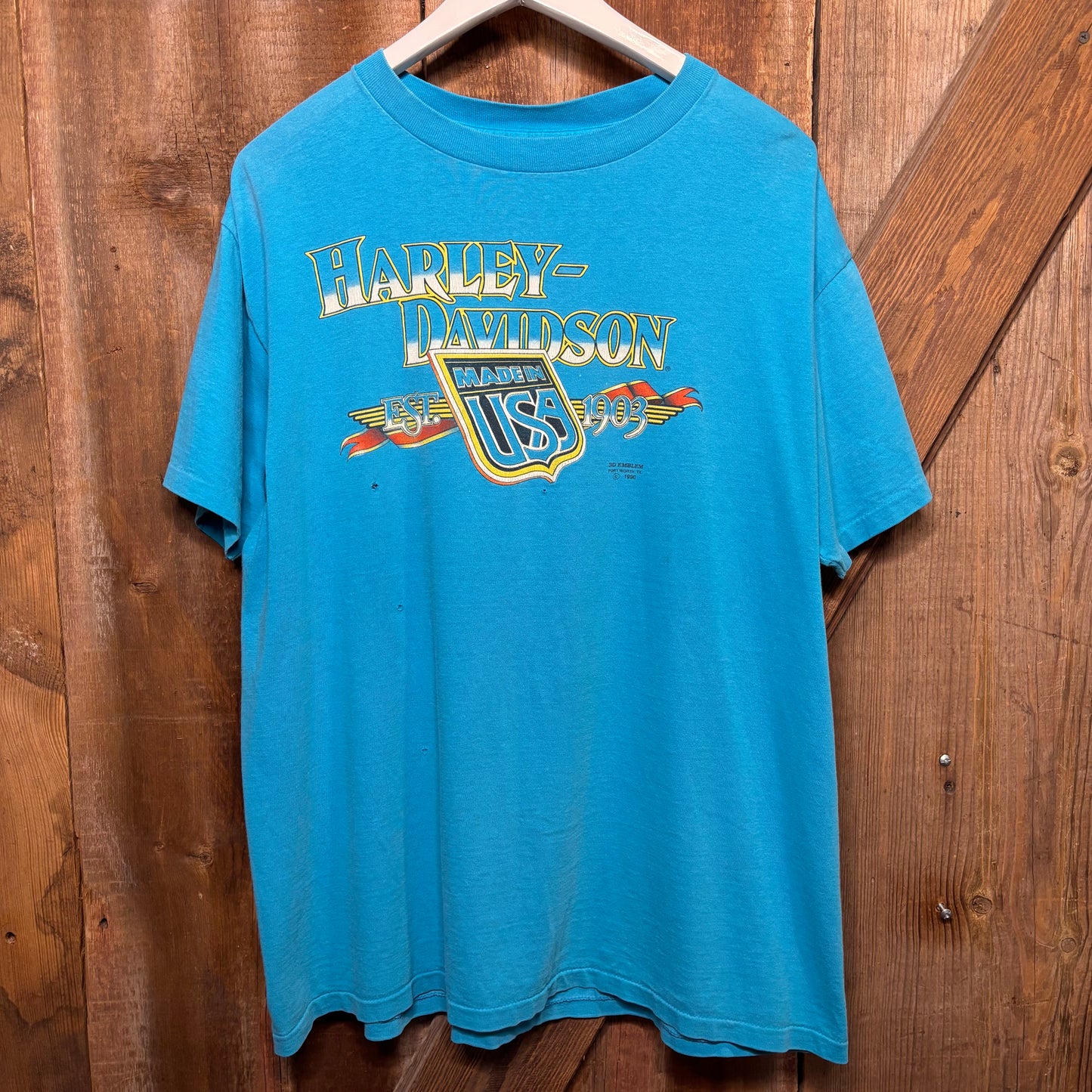 1990 3D Emblem Harley Tee Blue